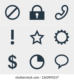Vector illustration of 9 user icons. Editable set of phone, message bubble, lock and other icon elements.