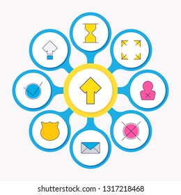 Vector illustration of 9 user icons colored line. Editable set of full screen, sand clock, shift icon elements.