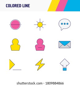 Vector illustration of 9 user icons colored line. Editable set of remove, message, shift and other icon elements.