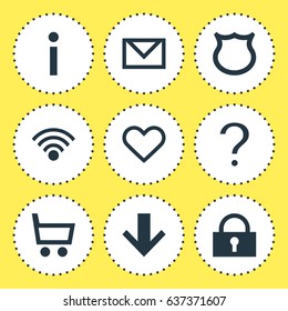 Vector Illustration Of 9 User Icons. Editable Pack Of Cordless Connection, Wheelbarrow, Downward And Other Elements.