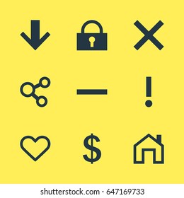 Vector Illustration Of 9 User Icons. Editable Pack Of Mainpage, Padlock, Downward And Other Elements.