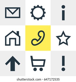 Vector Illustration Of 9 User Icons. Editable Pack Of Wheelbarrow, Letter, Mainpage And Other Elements.