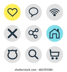 Vector Illustration Of 9 User Icons. Editable Pack Of Magnifier, Cordless Connection, Mainpage And Other Elements.