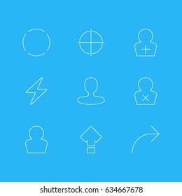 Vector Illustration Of 9 User Interface Icons. Editable Pack Of Positive, Bolt, Register Account And Other Elements.
