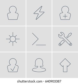 Vector Illustration Of 9 User Interface Icons. Editable Pack Of Upward, Sunshine, Female User And Other Elements.