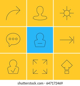 Vector Illustration Of 9 User Interface Icons. Editable Pack Of Share, Tabulation Button, Man Member And Other Elements.