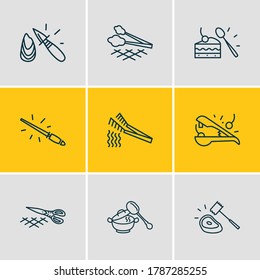 Vector illustration of 9 utensil icons line style. Editable set of sharpening steel, meat tenderizer, oyster knife and other icon elements.