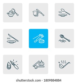 Vector illustration of 9 utensil icons line style. Editable set of ladle, wooden spoon, serving spoon and other icon elements.