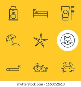 Vector illustration of 9 vacation icons line style. Editable set of tea with croissant, smoking, bed and other icon elements.