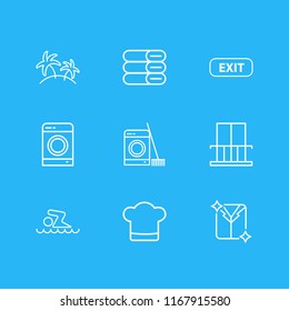 Vector illustration of 9 vacation icons line style. Editable set of laundry, exit, dry cleaning and other icon elements.