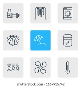 Vector illustration of 9 vacation icons line style. Editable set of beach umbrella, washing machine, fitness room and other icon elements.