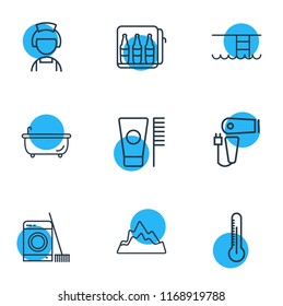 Vector illustration of 9 vacation icons line style. Editable set of laundry, swimming pool, mountains and other icon elements.