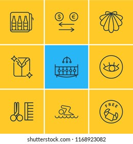 Vector illustration of 9 vacation icons line style. Editable set of seashell, swimming man, dry cleaning and other icon elements.