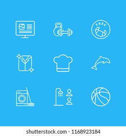 Vector illustration of 9 vacation icons line style. Editable set of exercise equipment, shared bathroom, free breakfast and other icon elements.
