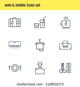 Vector illustration of 9 vacation icons line style. Editable set of tea cup, drink, scissors with comb and other icon elements.