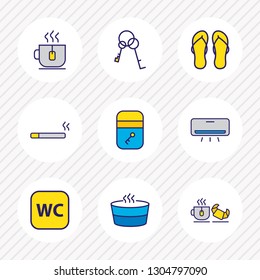 Vector illustration of 9 vacation icons colored line. Editable set of air conditioner, keys, flip flops and other icon elements.