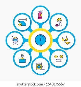 Vector illustration of 9 vacation icons colored line. Editable set of bikini, exchange, hotel worker and other icon elements.