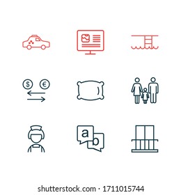 Ilustración vectorial de 9 iconos de vacaciones estilo de línea. Conjunto editable de mucamas de hotel, familia, comentarios y otros elementos de icono.