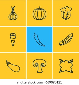 Vector Illustration Of 9 Vegetables Icons. Editable Pack Of Paprika, Fungi, Legume And Other Elements.