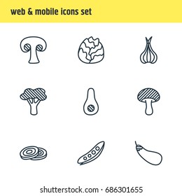 Vector Illustration Of 9 Vegetables Icons. Editable Pack Of Aubergine, Circles, Legume And Other Elements.