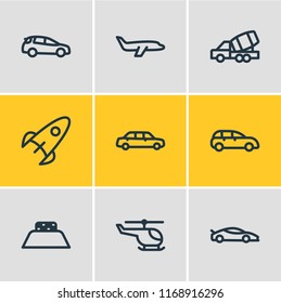 Vector illustration of 9 vehicle icons line style. Editable set of city car, plane, helicopter and other icon elements.