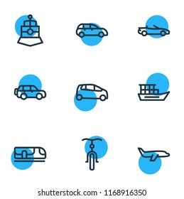 Vector illustration of 9 vehicle icons line style. Editable set of bicycle, plane, supermini and other icon elements.