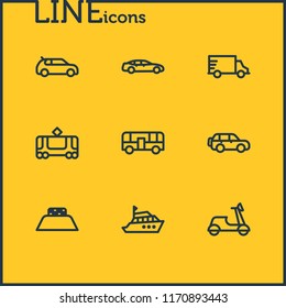 Vector illustration of 9 vehicle icons line style. Editable set of truck, autobus, yacht and other icon elements.