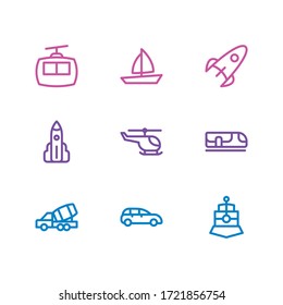 Vector illustration of 9 vehicle icons line style. Editable set of underground, helicopter, train and other icon elements.