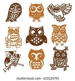 A vector illustration of 9 vintage paper cut owl birds set.