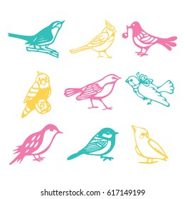 A vector illustration of 9 vintage silhouette birds paper cut designs.