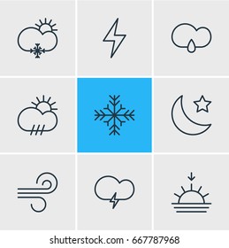 Vector Illustration Of 9 Weather Icons. Editable Pack Of Sunny, Rain, Breeze And Other Elements.