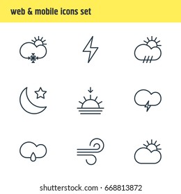 Vector Illustration Of 9 Weather Icons. Editable Pack Of Sun, Breeze, Sunny And Other Elements.