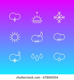 Vector Illustration Of 9 Weather Icons. Editable Pack Of Sunlight, Rainy, Fulminant And Other Elements.