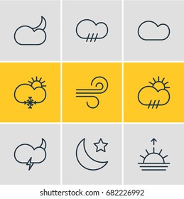 Vector Illustration Of 9 Weather Icons. Editable Pack Of Sunny, Weather, Crescent And Other Elements.
