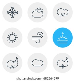 Vector Illustration Of 9 Weather Icons. Editable Pack Of Snow, Rainy, Sunlight And Other Elements.