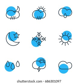 Vector Illustration Of 9 Weather Icons. Editable Pack Of Crescent, Windstorm, Cloudy And Other Elements.