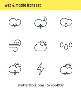 Vector Illustration Of 9 Weather Icons. Editable Pack Of Rainy, Rain, Sun And Other Elements.