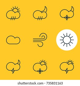 Vector Illustration Of 9 Weather Icons. Editable Pack Of Sunlight, Weather, Breeze And Other Elements.