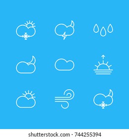 Vector Illustration Of 9 Weather Icons. Editable Pack Of Drip, Sun, Sunset And Other Elements.