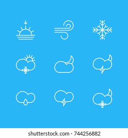 Vector Illustration Of 9 Weather Icons. Editable Pack Of Moon Month, Drizzles, Breeze And Other Elements.