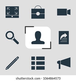 Vector illustration of 9 web icons. Editable set of user, briefcase, camcorder and other icon elements.