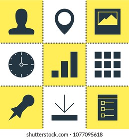 Vector illustration of 9 web icons. Editable set of pin, time, progress bar and other icon elements.