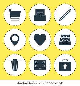 Vector illustration of 9 web icons. Editable set of heart, shopping cart, full screen and other icon elements.