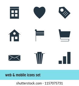 Vector illustration of 9 web icons. Editable set of flag, heart, e-mail and other icon elements.