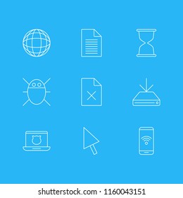 Vector illustration of 9 web icons line style. Editable set of cursor, remove file, safe computer and other icon elements.