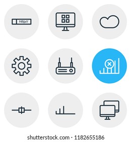 Vector illustration of 9 web icons line style. Editable set of router, system, connected and other icon elements.