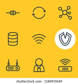 Vector illustration of 9 web icons line style. Editable set of router, share, wifi and other icon elements.