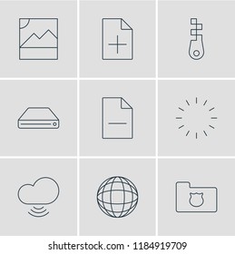 Vector illustration of 9 web icons line style. Editable set of globe, add data, protected folder and other icon elements.