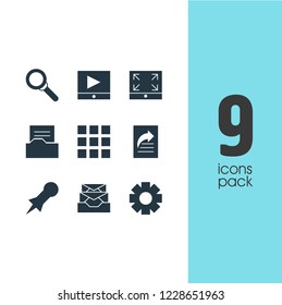 Vector illustration of 9 web icons. Editable set of folder, full screen, settings and other icon elements.