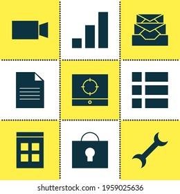 Vector illustration of 9 web icons. Editable set of file, inbox, lock and other icon elements.
